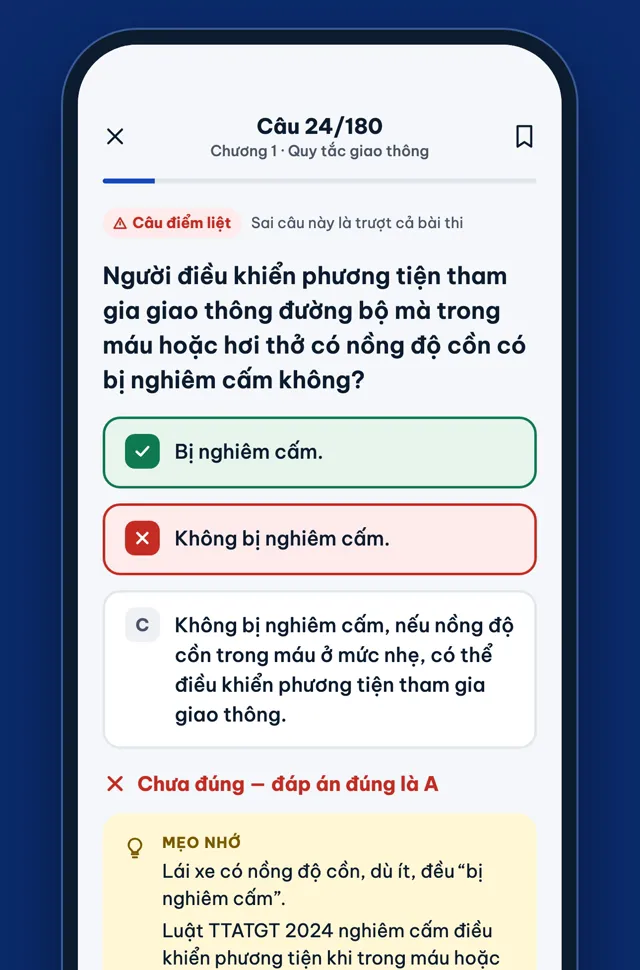 Màn câu hỏi có đánh dấu câu điểm liệt và mẹo nhớ / Question screen with critical-question label and memory tip