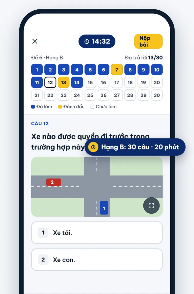 Màn thi thử hạng B với đồng hồ đếm ngược và lưới câu hỏi / Class B mock exam with countdown timer and question grid