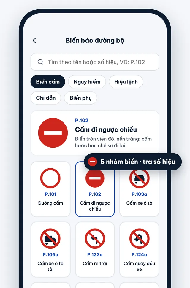 Màn biển báo đường bộ, tra theo nhóm hoặc số hiệu / Road signs screen, browse by group or code